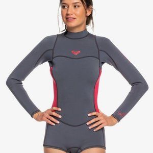 Roxy 2/2mm Syncro Long Sleeve Back Zip Springsuit Wetsuit in Deep Grey/Scarlet